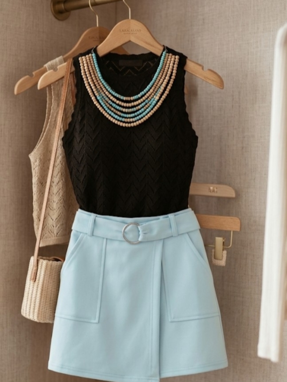 Black Knit Tank with Light Blue Belted Skirt